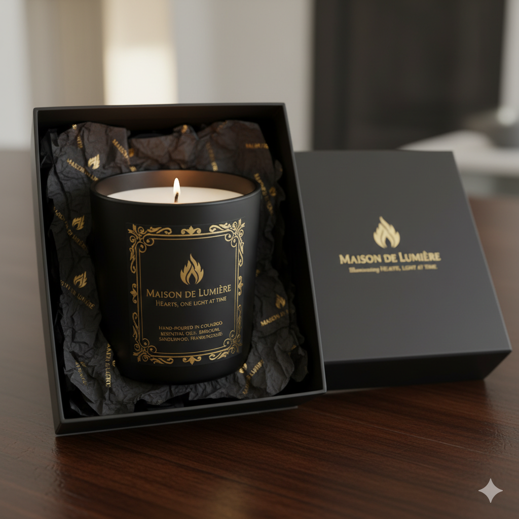 6 oz Maison de Lumière healing candle in black gift box with gold foil details