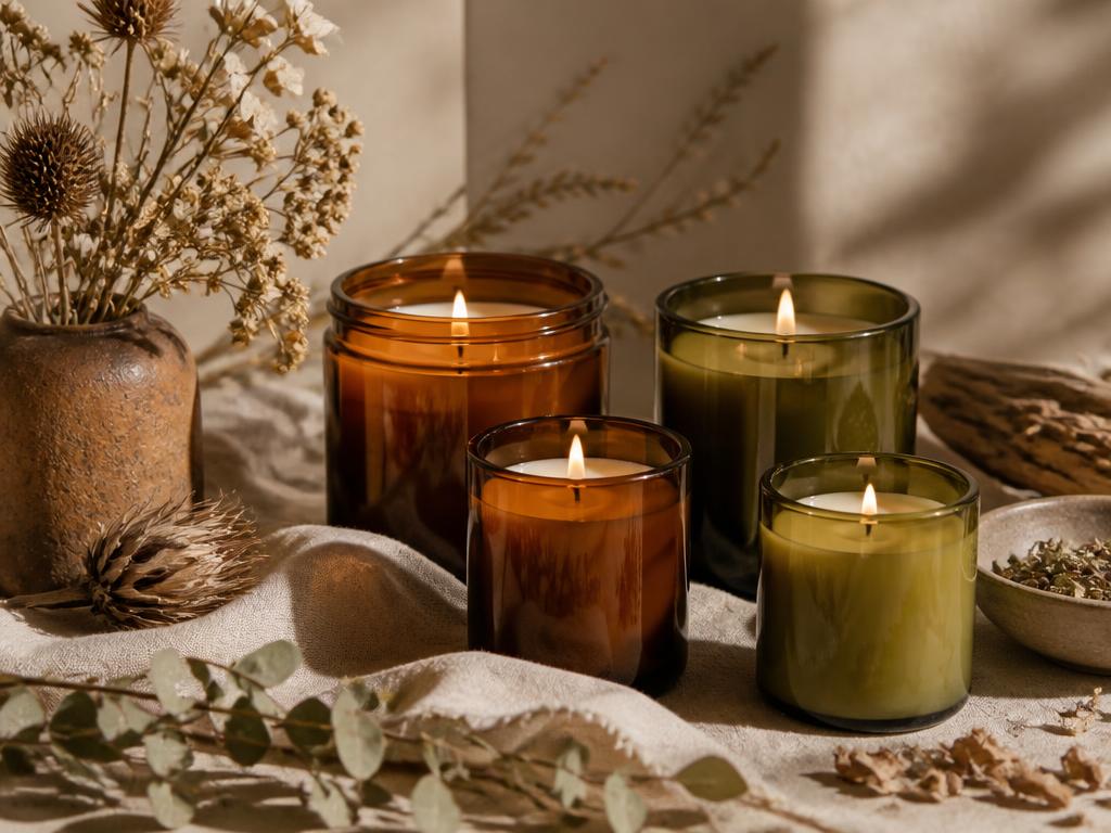 Hand-poured Certified Guide Candles in amber and moss glass vessels surrounded by dried botanicals