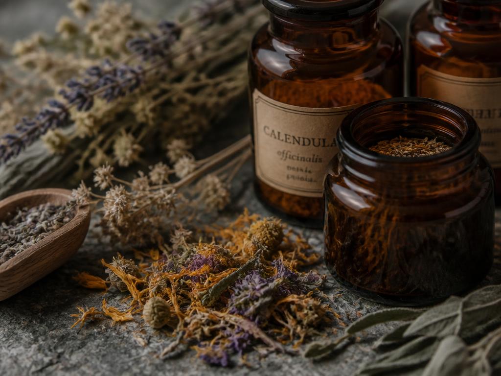 Dried botanical herbs and amber glass jars on a stone surface
