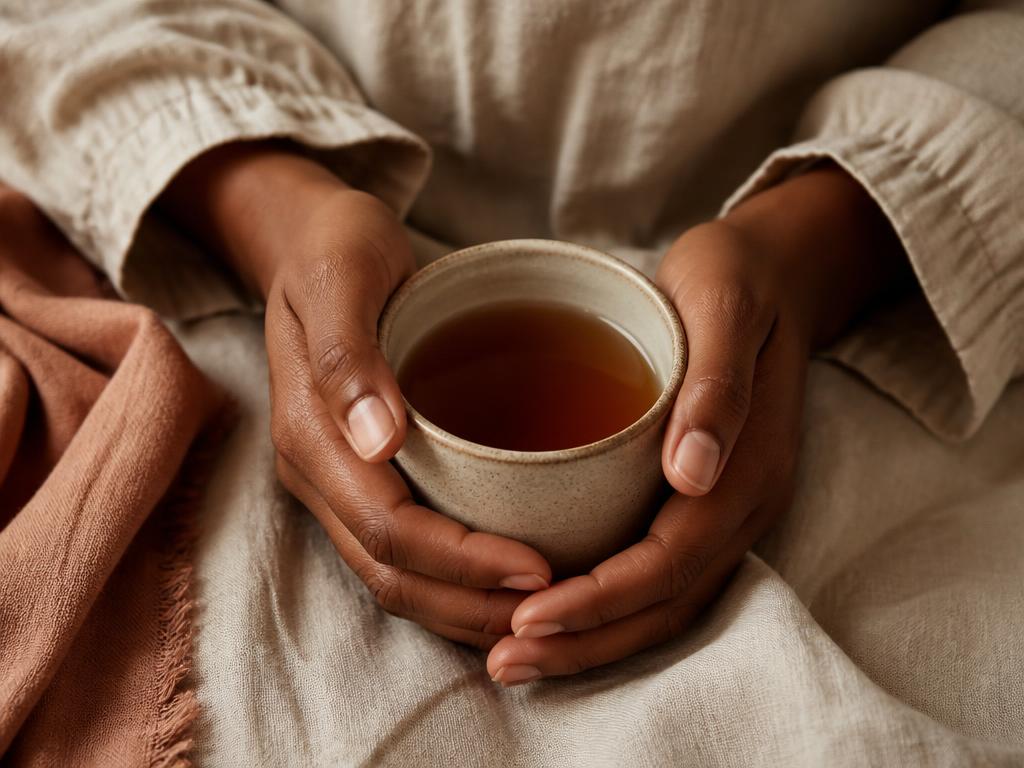 Two hands holding a warm cup of tea on soft linen